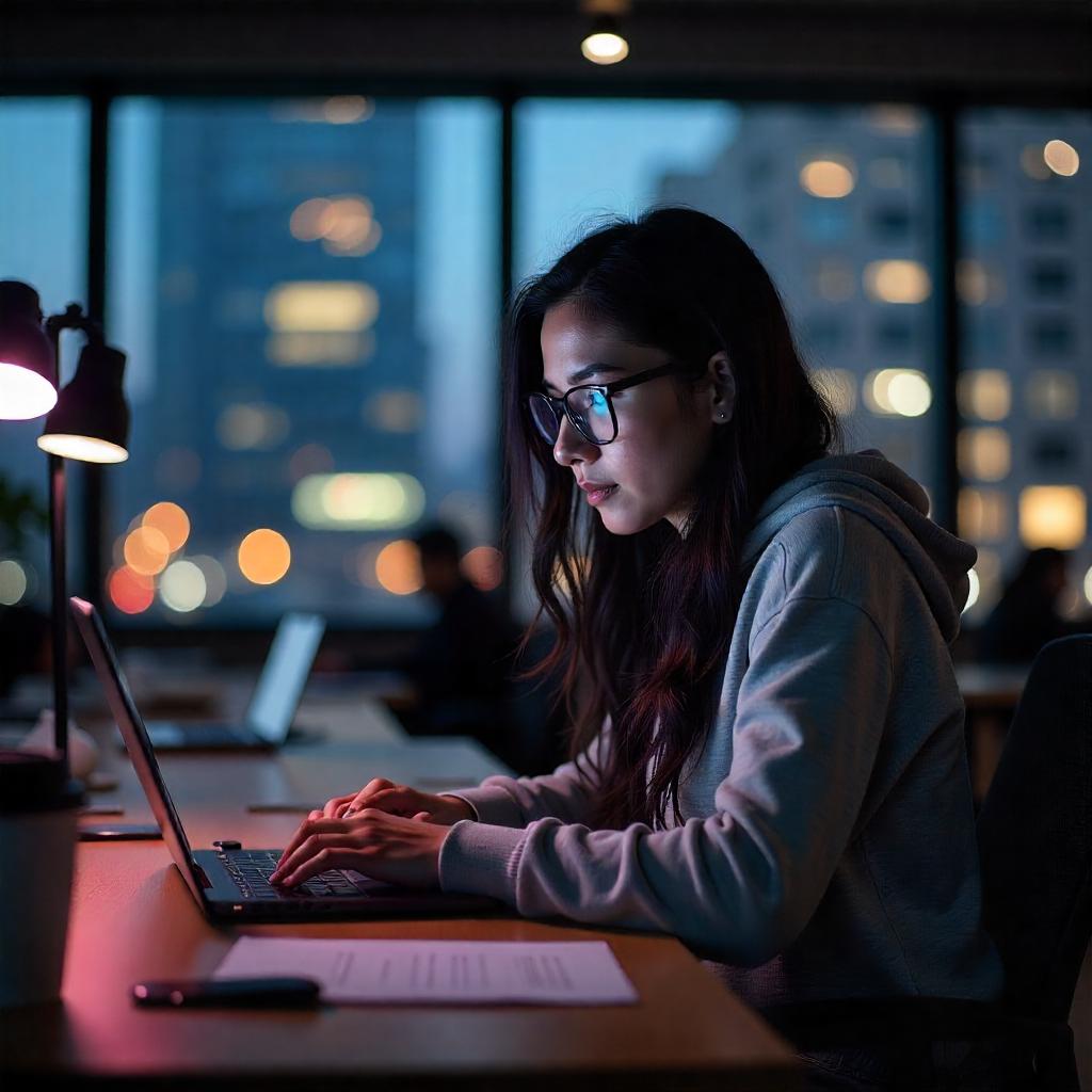 Desarrolladora trabajando en la noche en un proyecto web